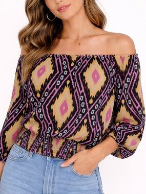 INC International Concepts On or Off Shoulder Mesh Blouse Size L Elastic Hem